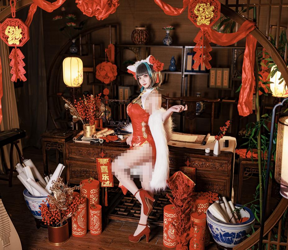 阿雪雪柴郡旗袍COS｜红色新年氛围下的白丝与东方韵味