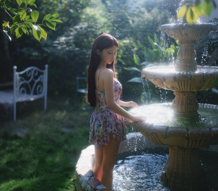 蠢沫沫的碎花裙落进庭院水光里,像盛夏午后的一场短梦