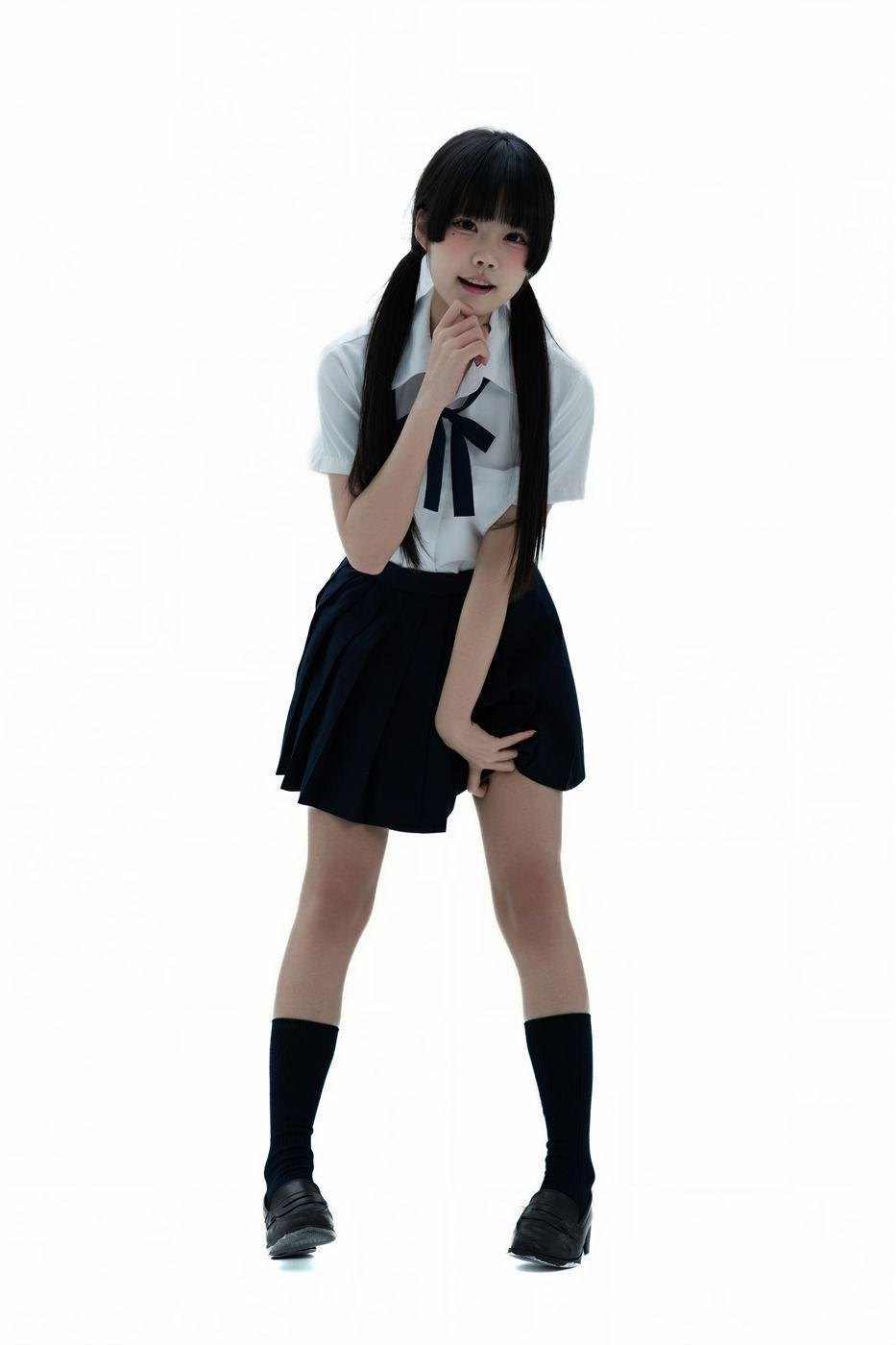 清水凪双马尾随侧身动作移动的黑白制服棚拍画面